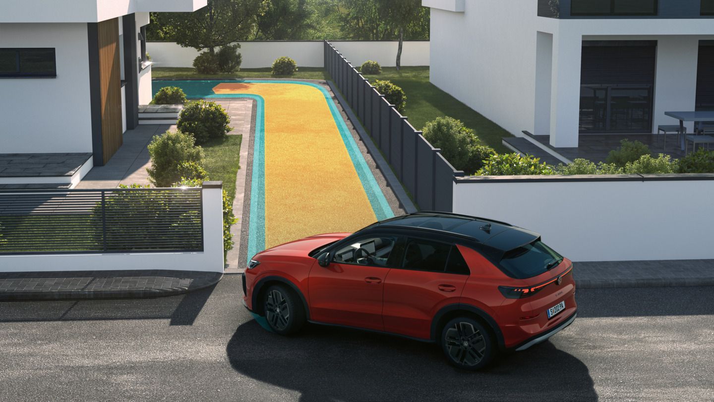 VW T-Roc Illustration zeigt schematisch anhand eines VW T-Roc die Funktionsweise der Memory- Funktion für den Parkassistenten.